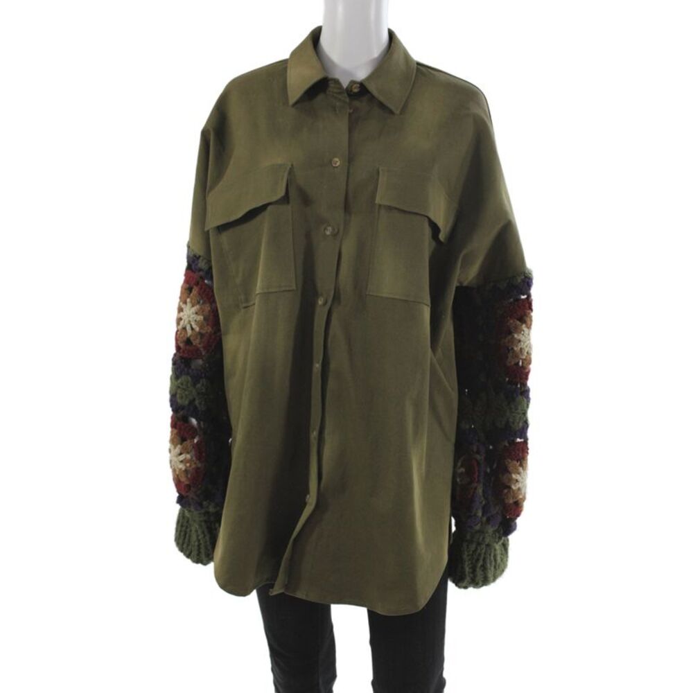 Tu Lize Women Tunic Button-Up Green Collared Long Sleeve Cotton Bohemian Size M